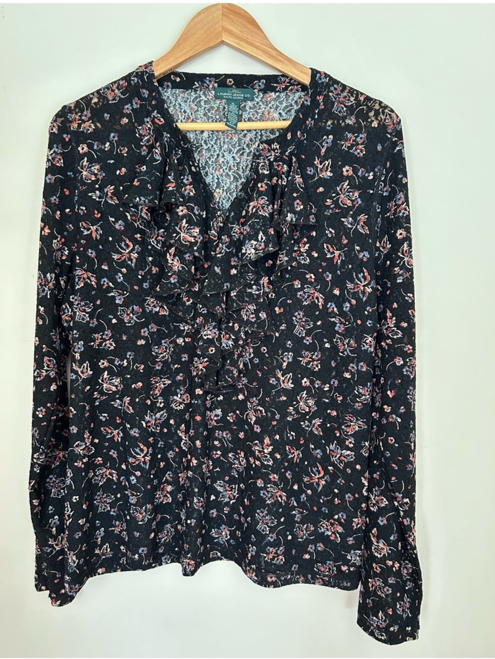 Lauren Jeans Co Ralph Lauren Black Floral Sheer Mesh Ruffle Blouse Women's XL